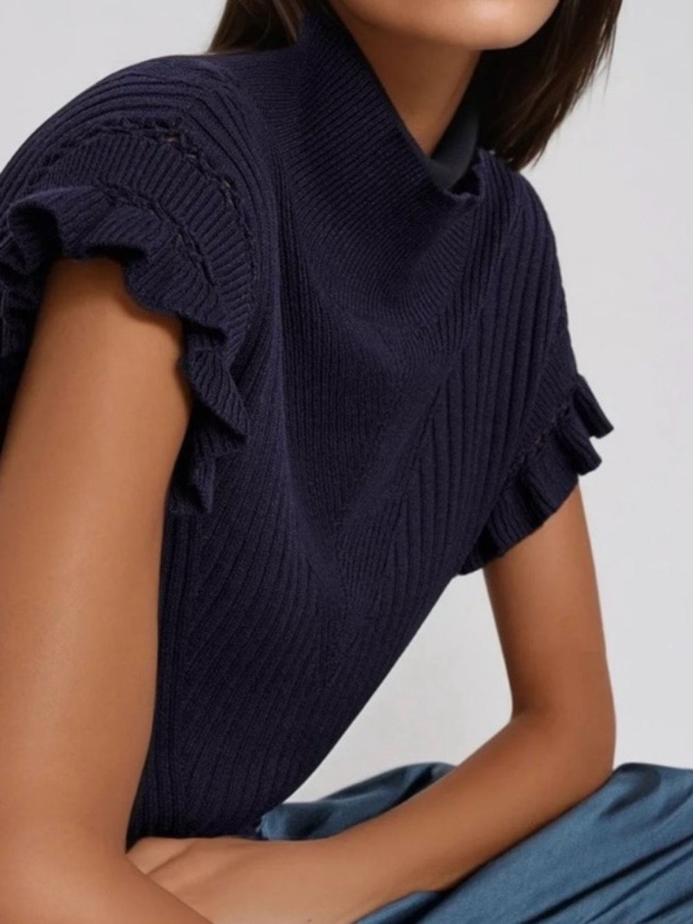 MELISSA NEPTON Navy Ribbed Mock Neck Sweater with Ruffle Sleeves